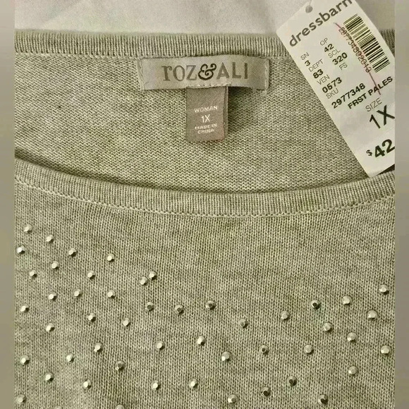 Roz & Ali Womens Gray Stud Embellished Boatneck Sweater Size XL NWT - Picture 4 of 9